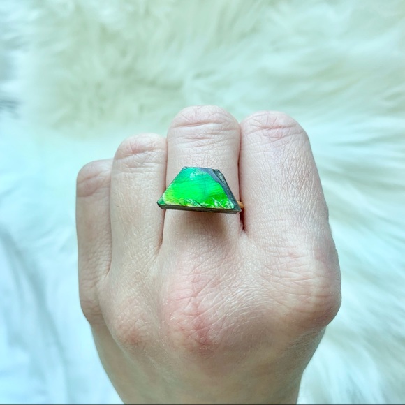 Green Ammolite Stone 14k Gold Ring Adjustable Size - Picture 10 of 12